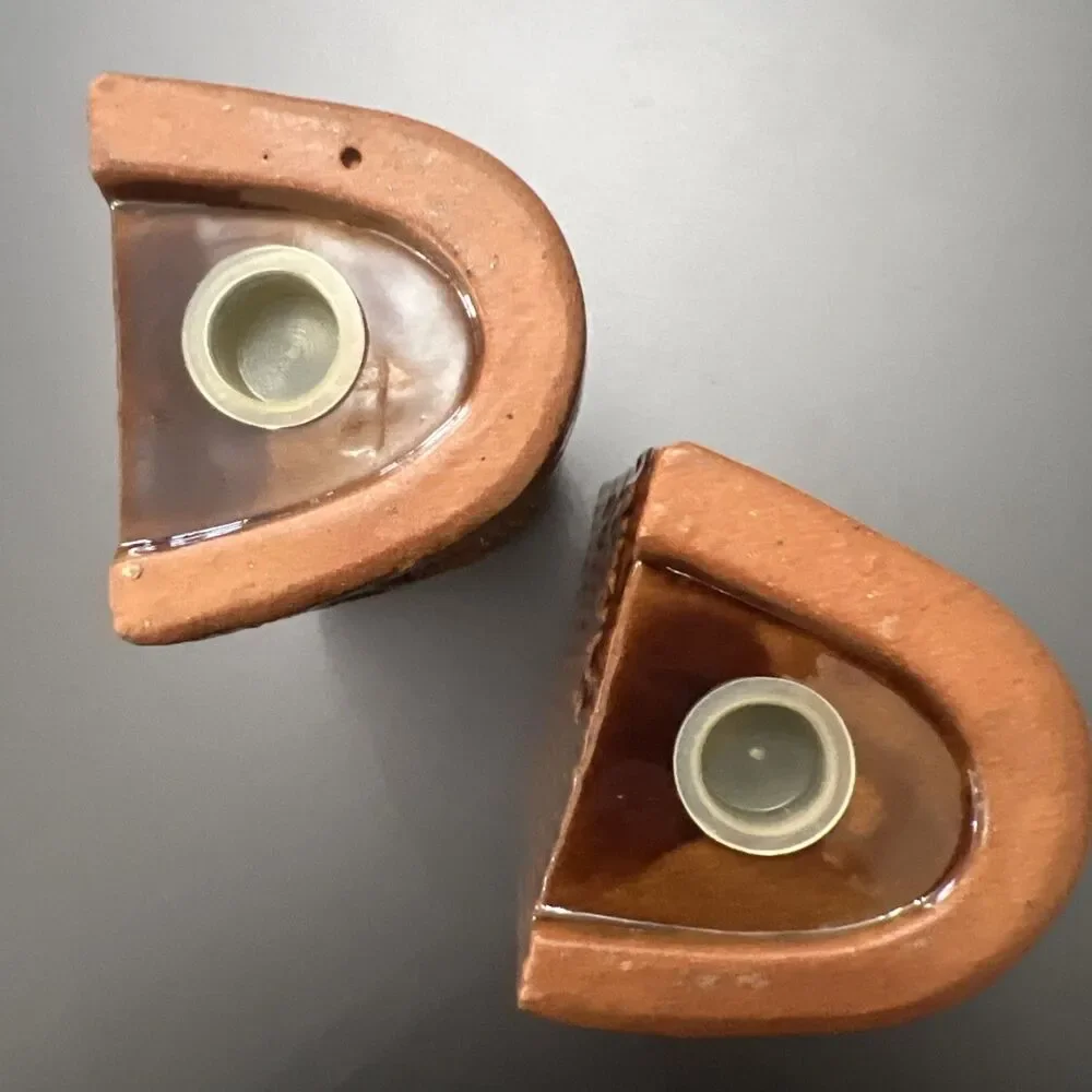 Vintage Brown Glaze Red Clay Tiki Salt & Pepper Shaker Set “Florida” 3.25” Japan